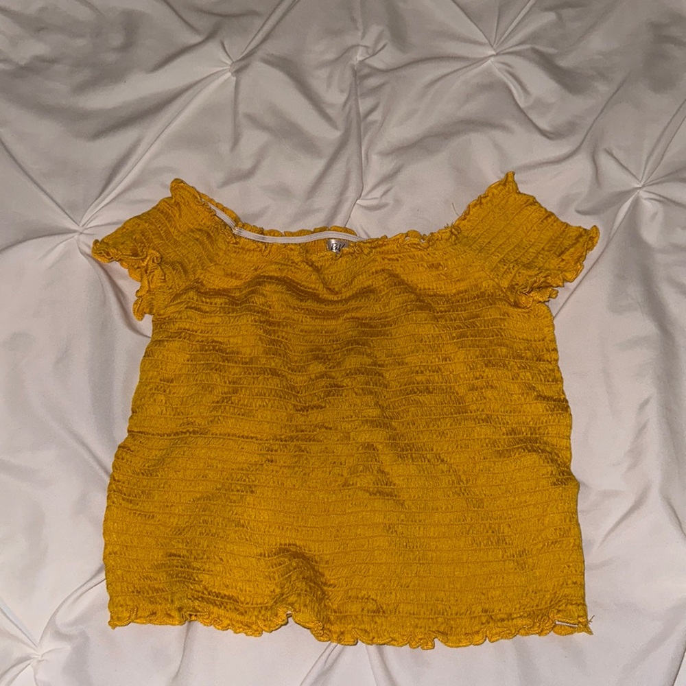 Revamped mustard smocked off the shoulder top